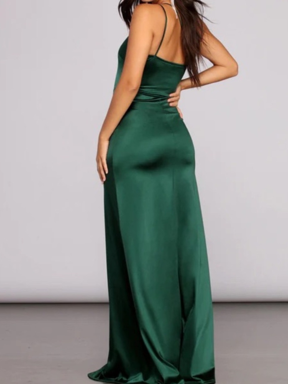 Windsor Emerald Green One-Shoulder Satin Gown with High Slit - Picture 2 of 2